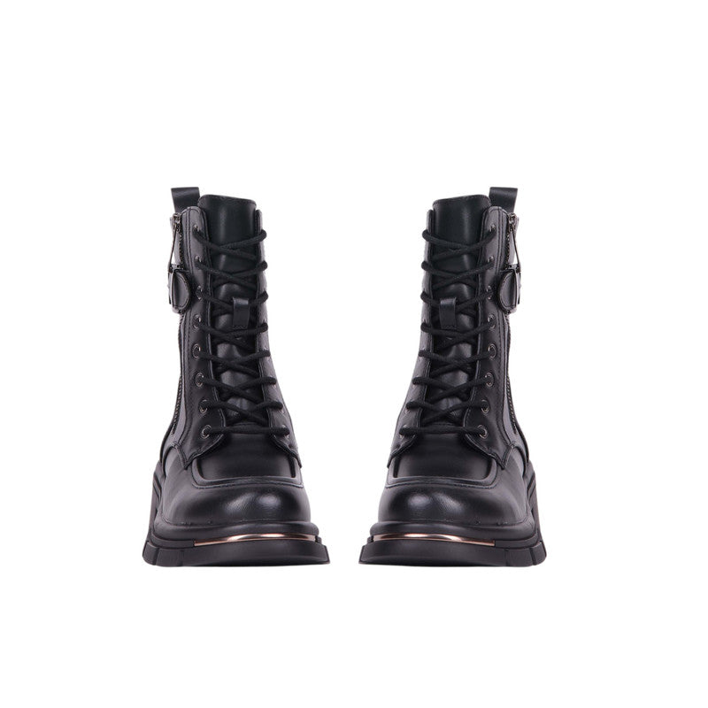 Pu Leather Lace-Up Combat Half Boots – Black (SR-3479)
