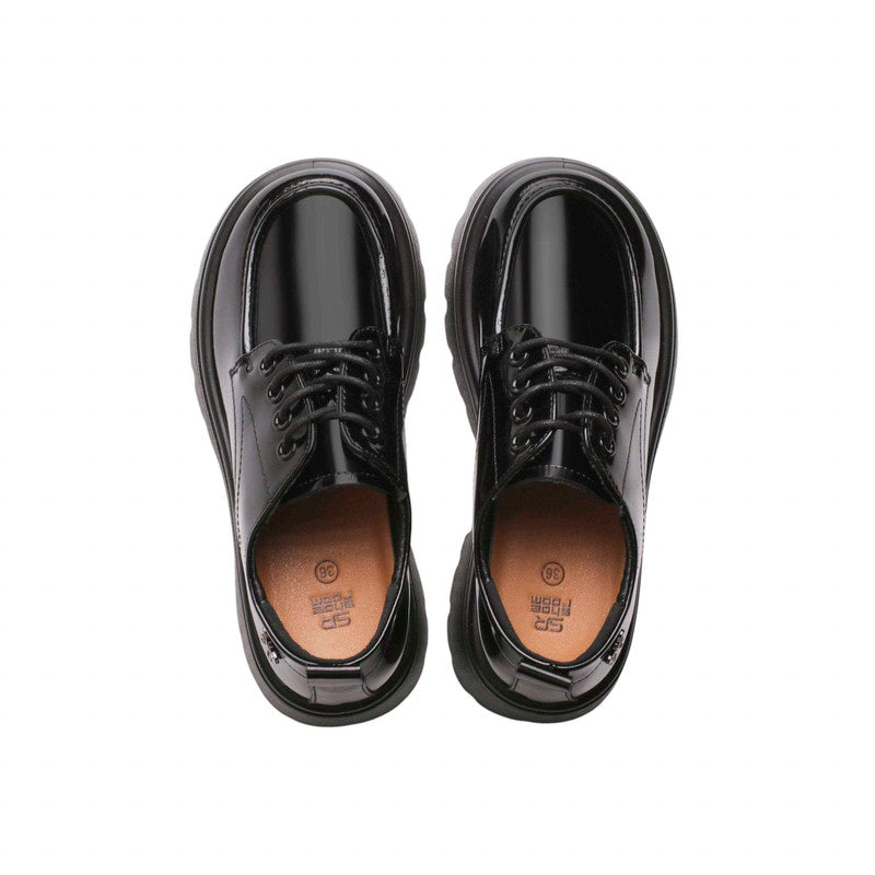 PU Leather Patent Chunky Lace-Up Shoes - Black
