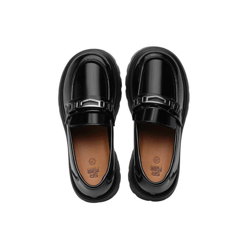 PU Leather Patent Chunky Loafers - Black