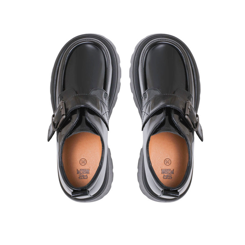 PU Leather Patent Buckle Strap Chunky Loafers - Black