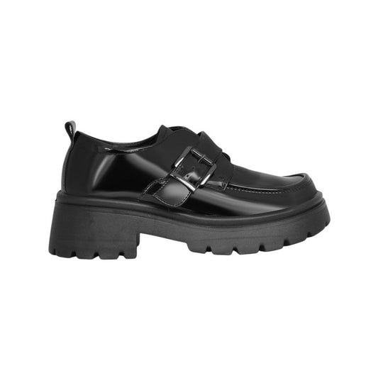 PU Leather Patent Buckle Strap Chunky Loafers - Black