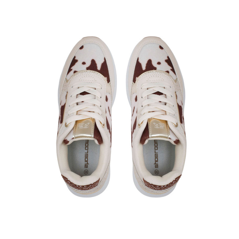 PU Leather Cow-Print Sneakers - Beige
