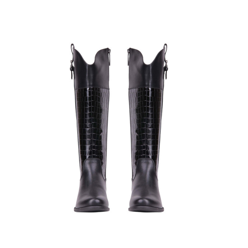 Pu Leather Croc-Embossed Knee-High Boots – Black (SR-3516)
