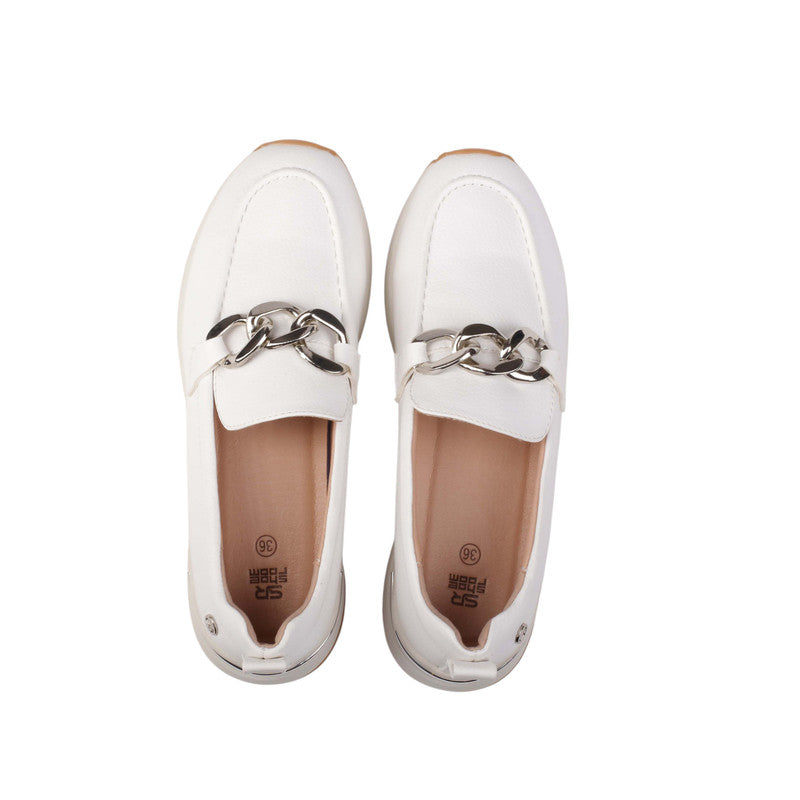 Pu Leather Chain Detail Loafers – White (SR-3544)