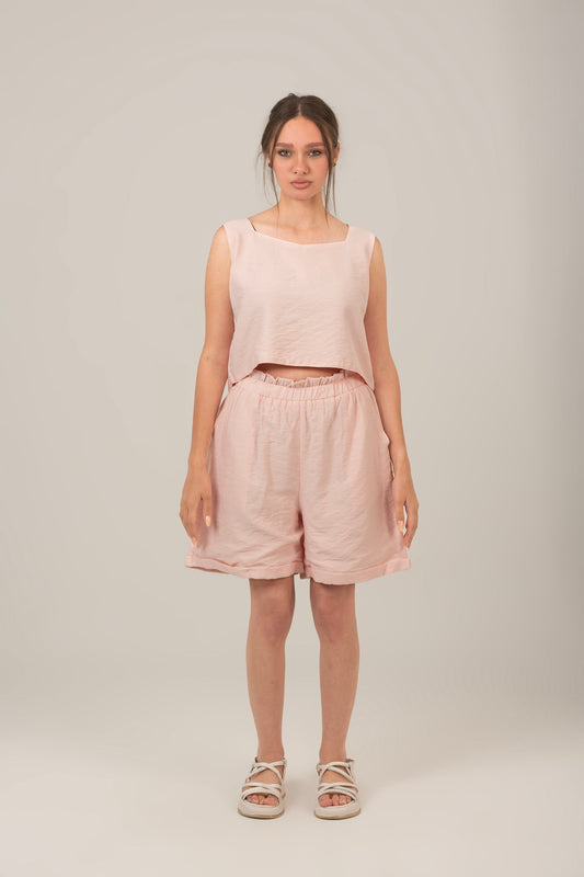 Linen Rectangle Cut Neck Set Top & Short For Women