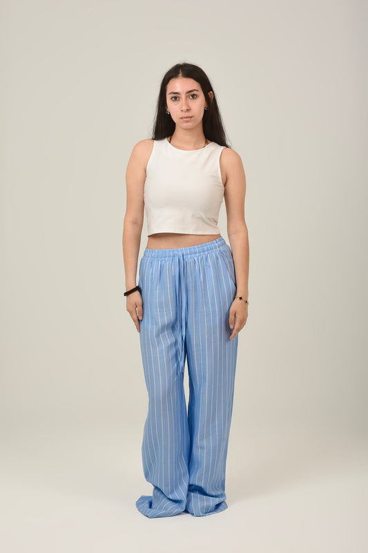Linen Loose Striped High Waist Pants - Sky Blue