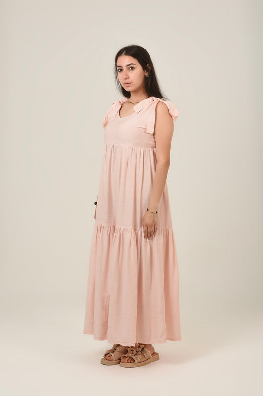 Linen Flare Flowy Tie Shoulders Maxi Dress