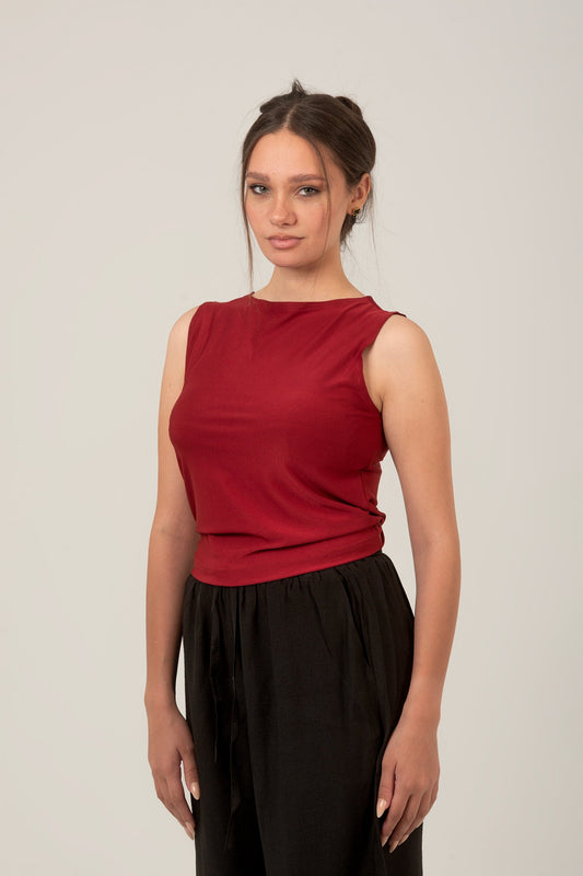 Synthetic Basic Oval Neck Sleeveless Top