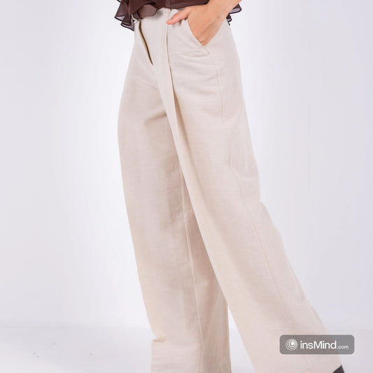 Linen Wide-Leg Trousers - Beige