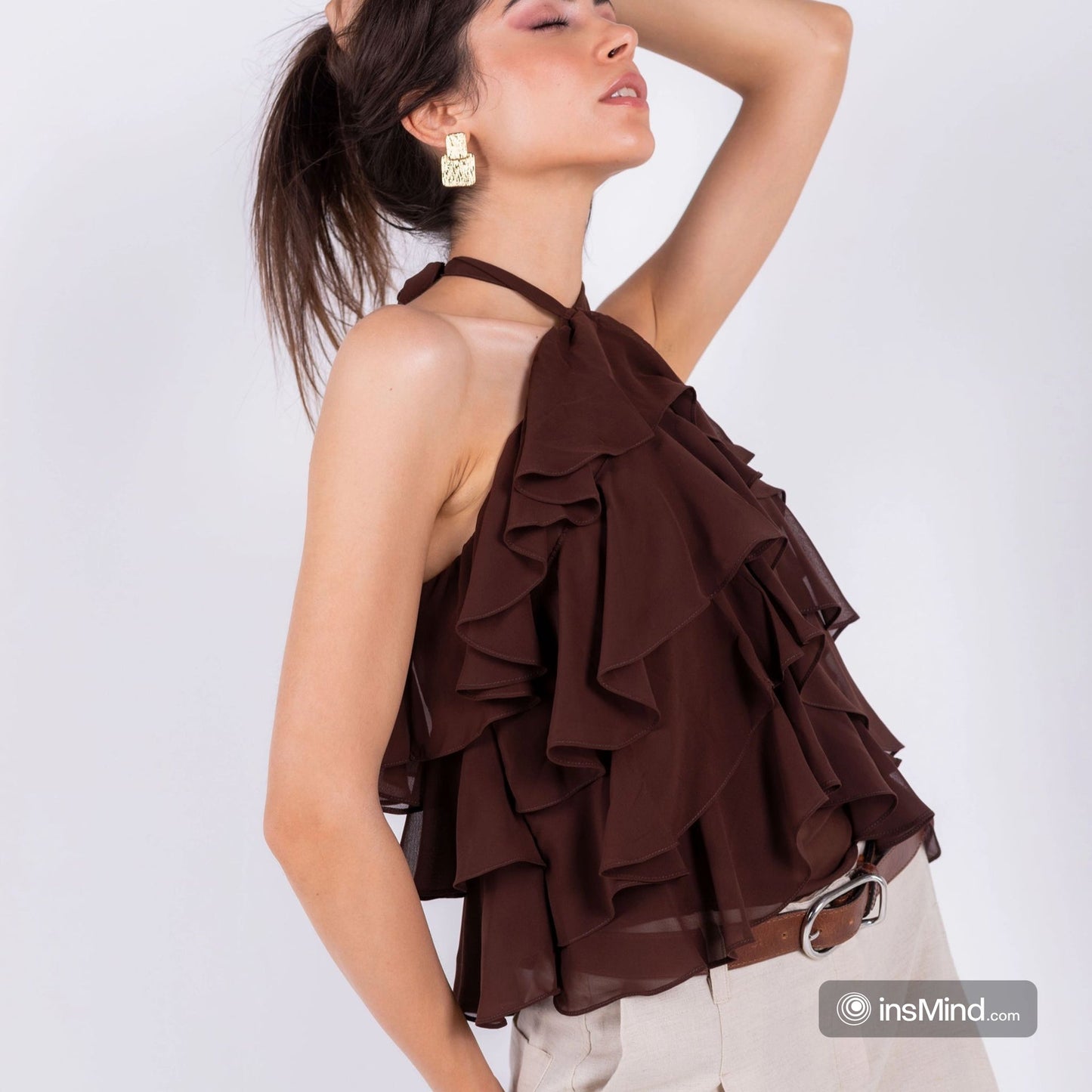 Chiffon Ruffled Halter Top – Brown