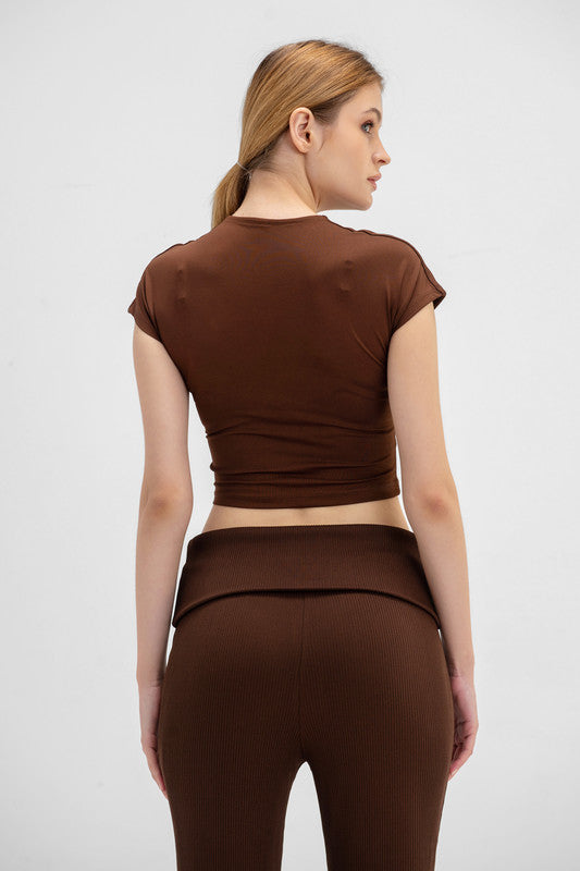 Cotton Cropped Round Neck Top Cap Sleeve - Chocolate