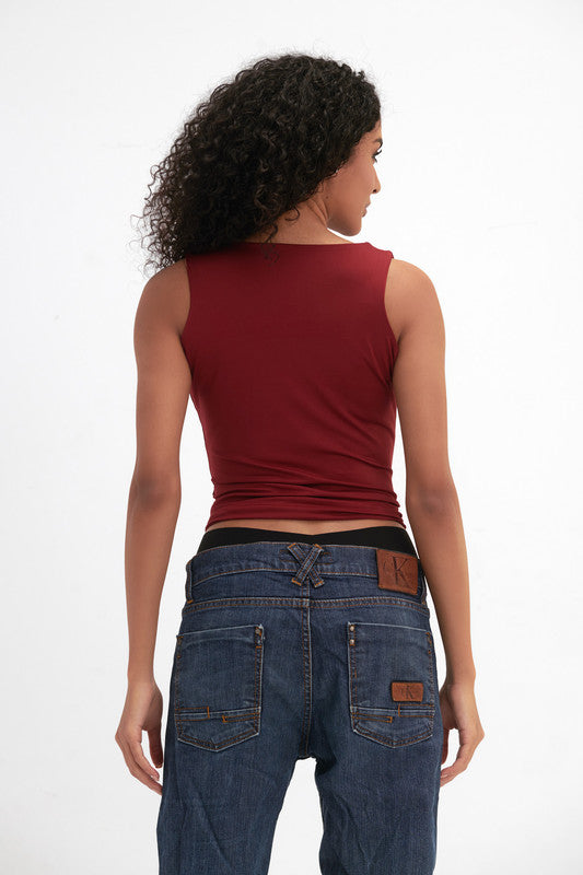 Lycra Square Neck Double-Layer Top - Burgundy