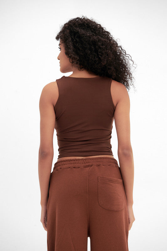 Lycra Square Neck Double-Layer Top - Chocolate