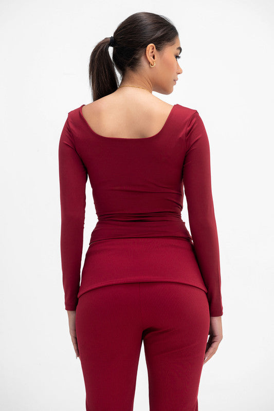 Lycra Seamless Scoop Neck Sculpt Long Sleeve - Burgundy