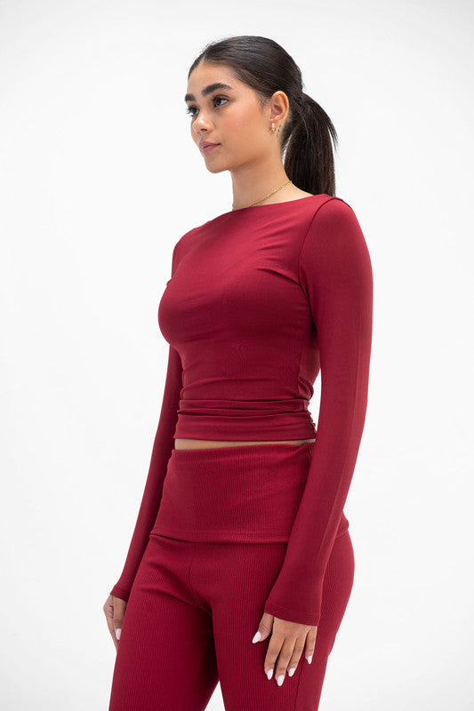 Lycra Boat-Neck Top - Burgundy