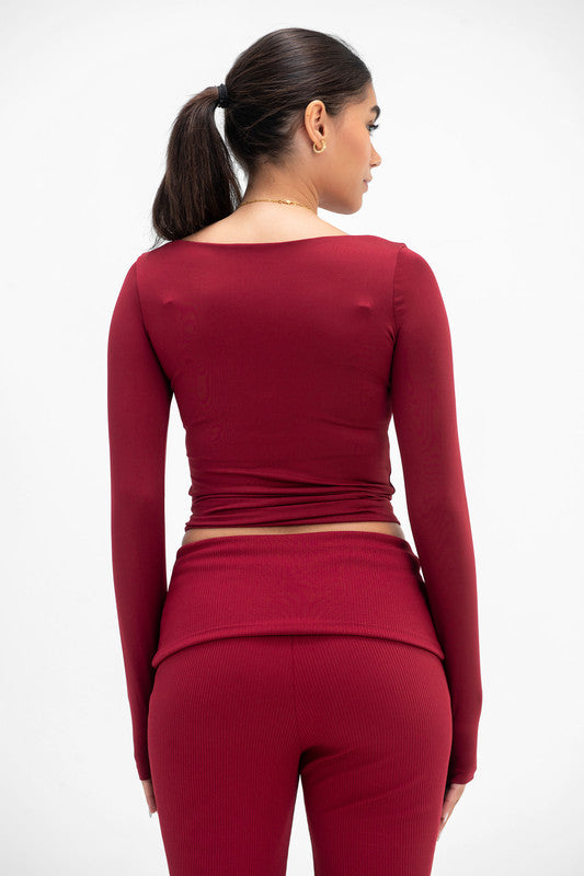 Lycra Boat-Neck Top - Burgundy