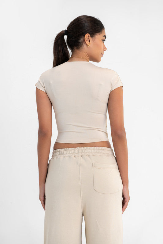 Cotton Cropped Round Neck Top Cap Sleeve - Latte