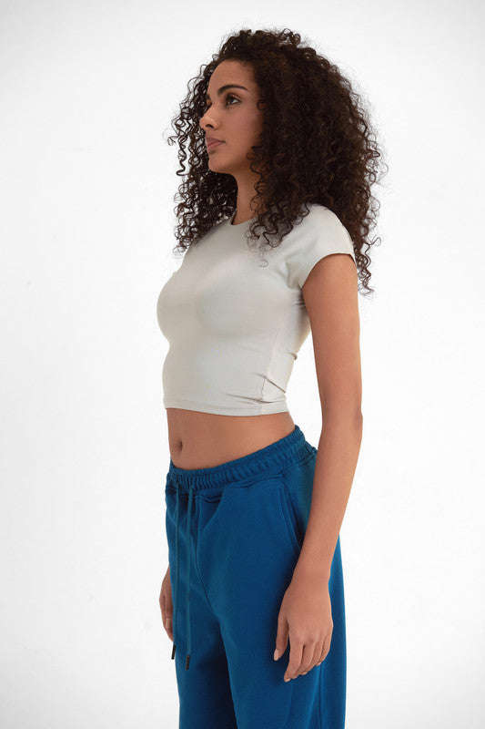Cotton Cropped Round Neck Top Cap Sleeve - Silver