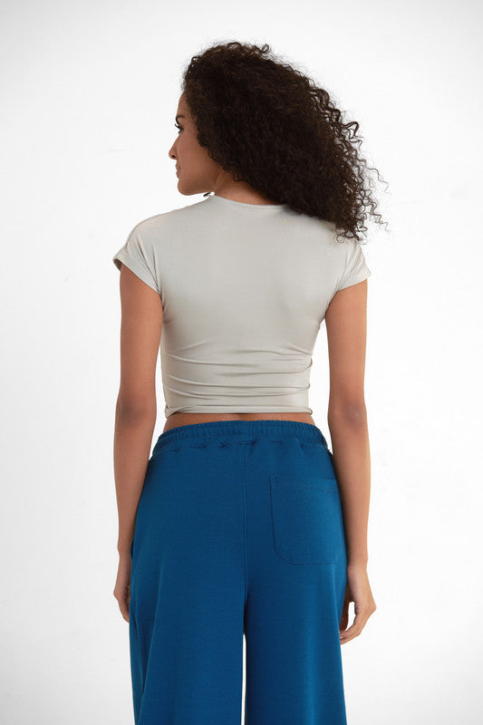 Cotton Cropped Round Neck Top Cap Sleeve - Silver