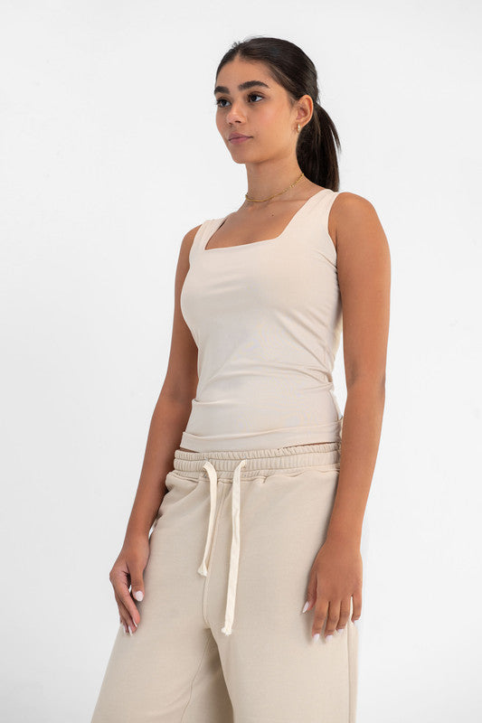 Lycra Square Neck Double-Layer Top - Latte