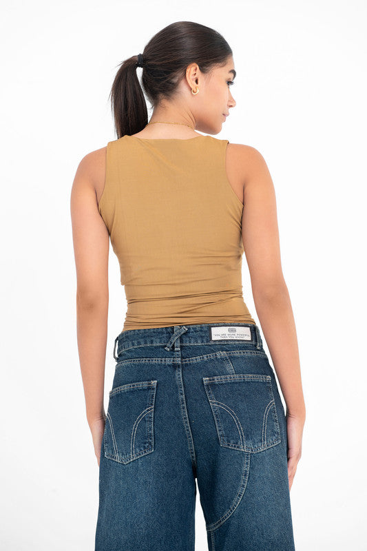 Lycra Square Neck Double-Layer Top - Coffee