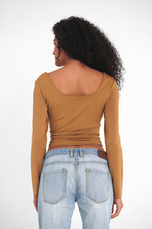 Lycra Seamless Scoop Neck Sculpt Long Sleeve - Coffee
