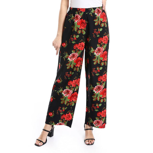 Cotton-Lycra Floral Wide-Leg Pants - Black & Red