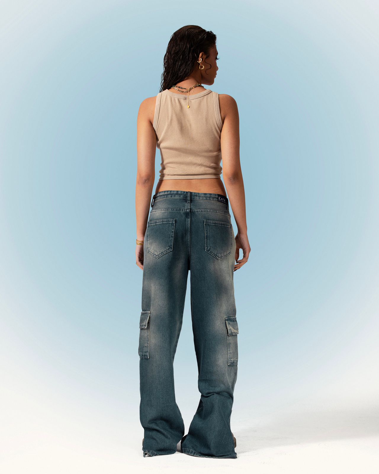 Denim Cargo Straight Cut Jeans - Dark Blue