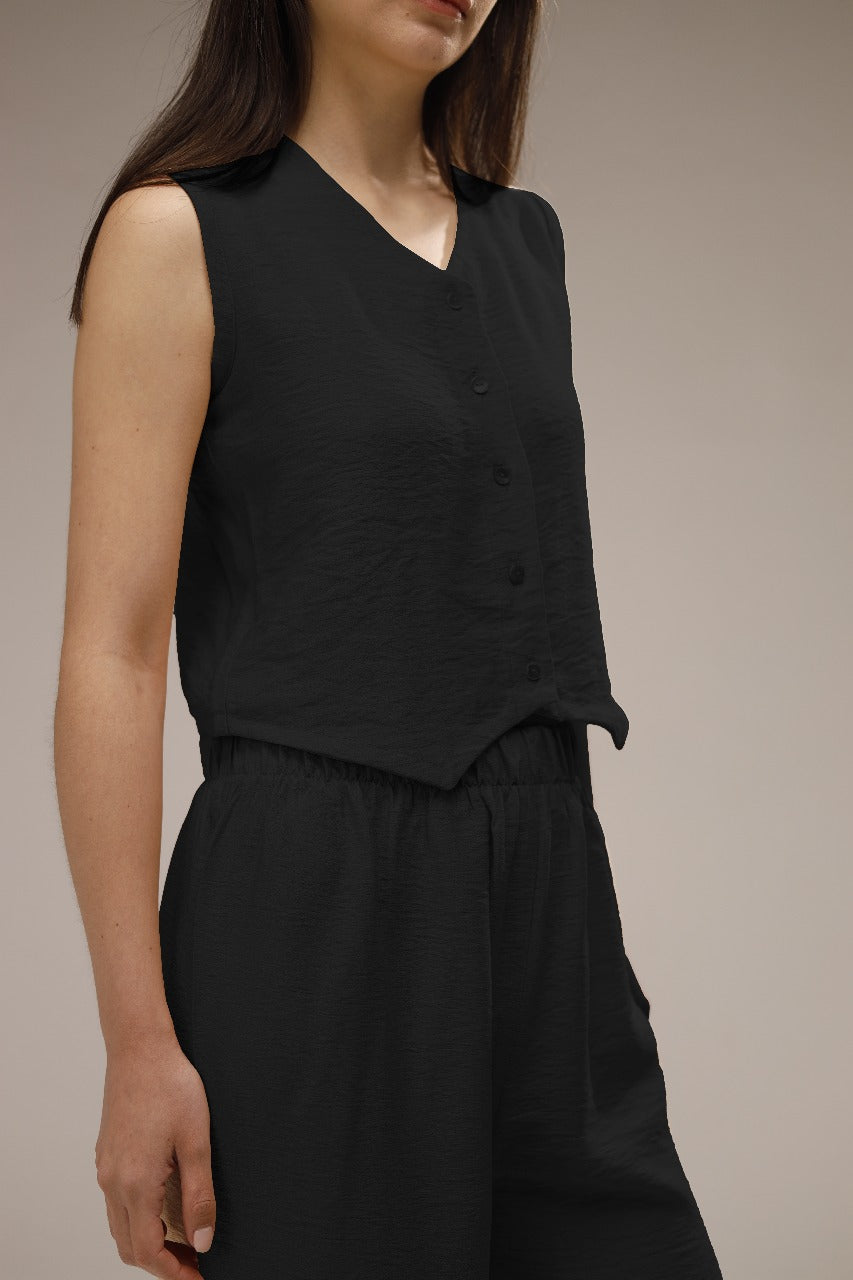Linen Button-Front Vest & Wide-Leg Pants Set - Black