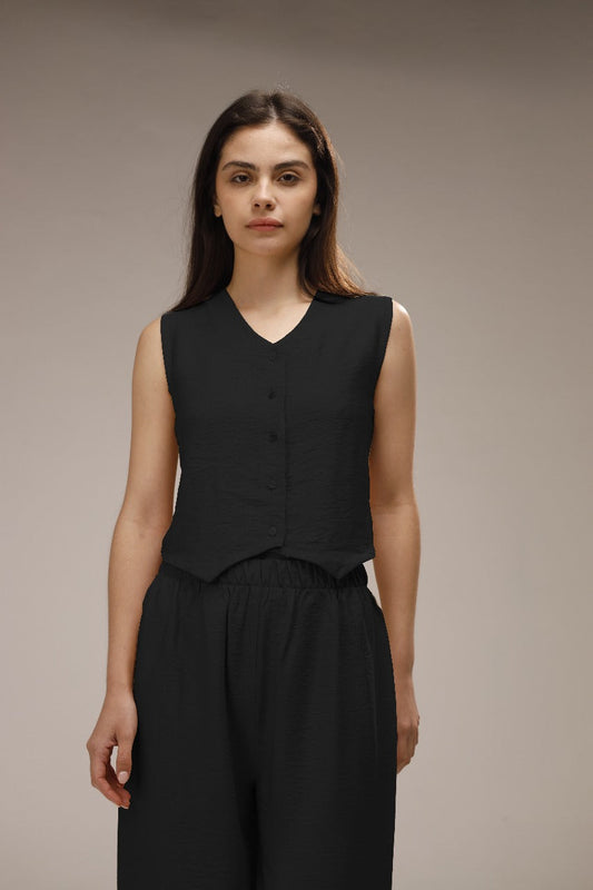 Linen Button-Front Vest & Wide-Leg Pants Set - Black