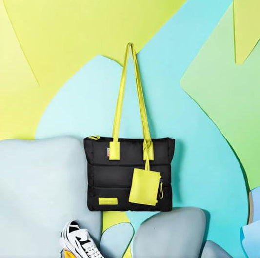 Puffer Medium Size Tote Bag With Wallet - Neon Yellow
