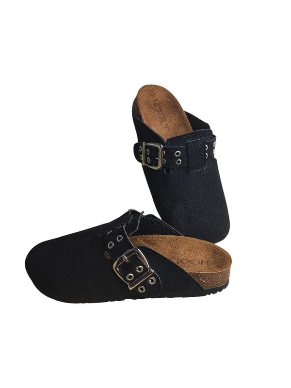 Chamois Leather Buckle Clog Mules – Black