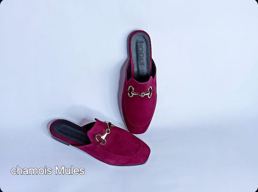 Velvet Fabric Chamois Mules - Burgundy