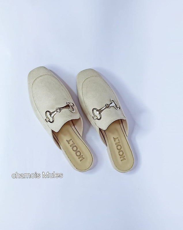 Velvet Fabric Chamois Mules - Beige