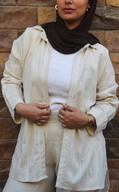 Linen Striped Embroidered Shirt – Beige