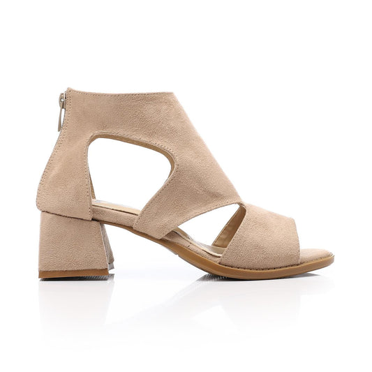 Suede Open-Toe Cut-Out Block Heel Sandal - Beige
