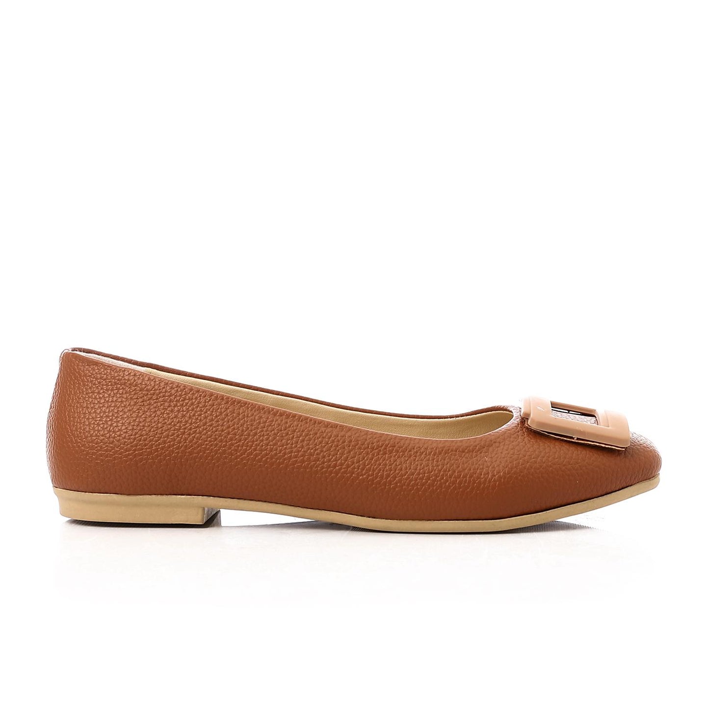 Faux Leather Textured Buckle Ballet Flats - Brown