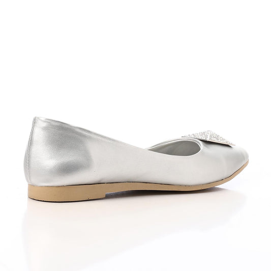 Faux Leather Embellished Ballet Flats - Silver