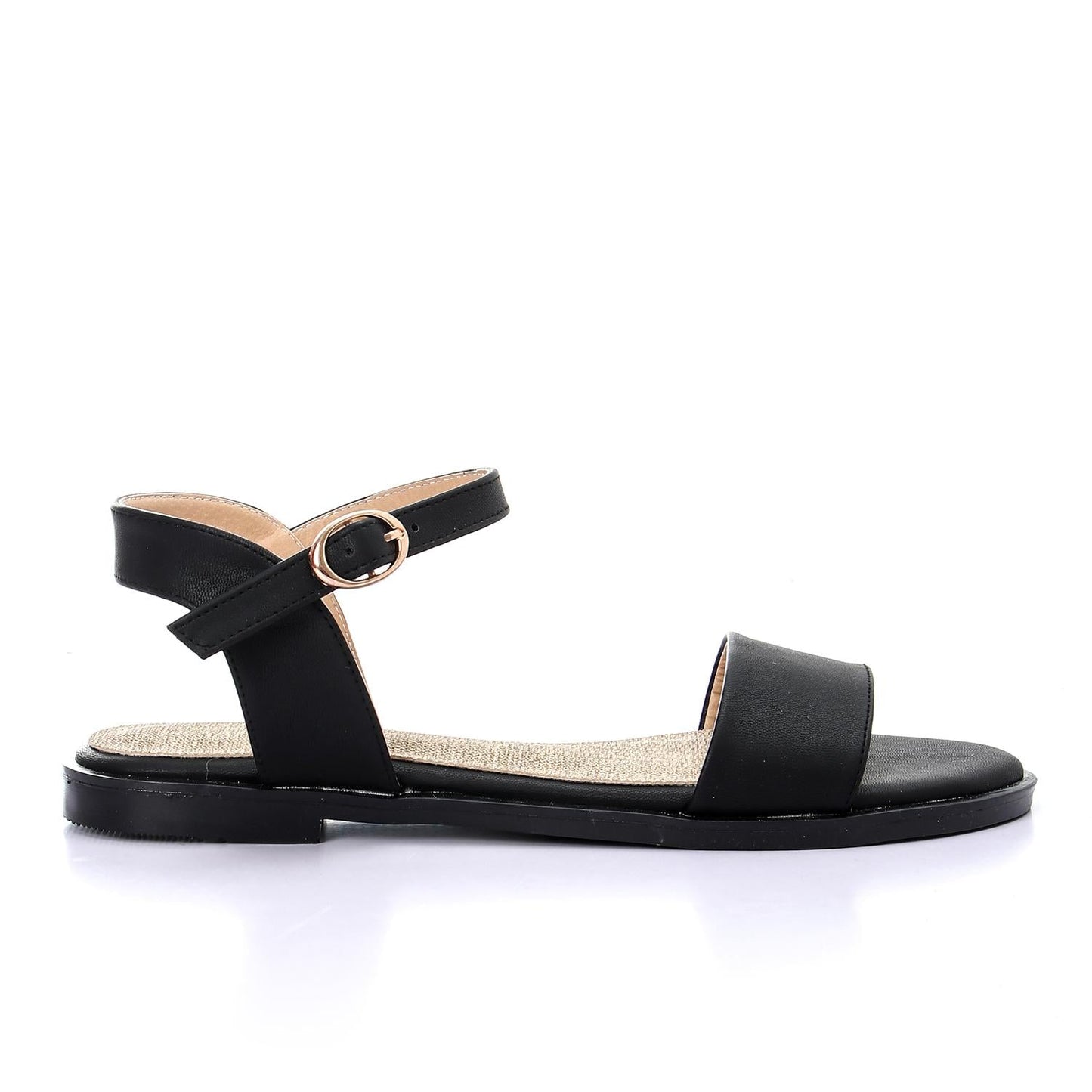 Faux Leather Ankle Strap Flat Sandal - Black