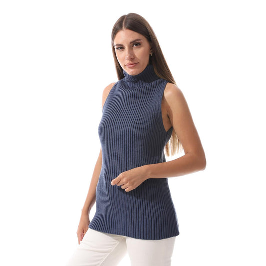 Wool Crew Neck Sleeveless Pullover - Navy Blue