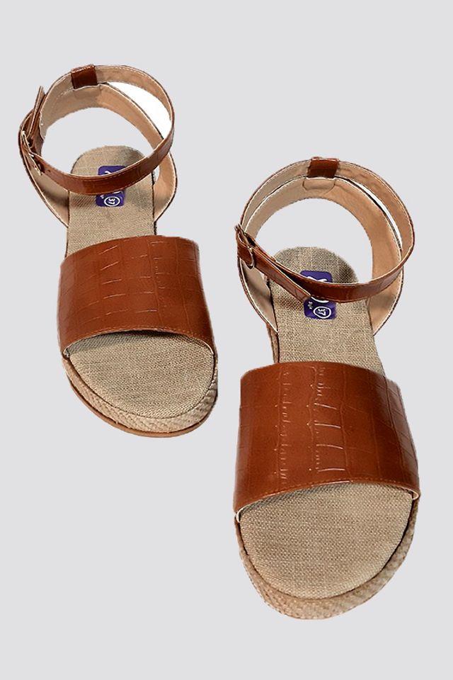 Faux Leather Ankle Strap Espadrille Flat Sandal - Brown