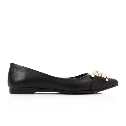 Faux Leather Pointed-Toe Ballet Flat - Black