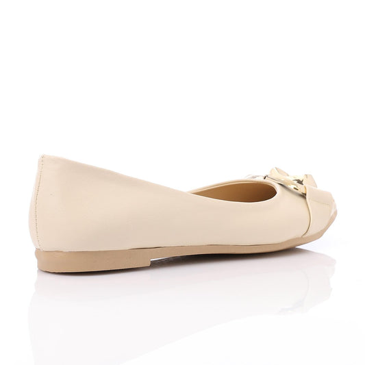 Faux Leather Pointed-Toe Ballet Flat - Beige