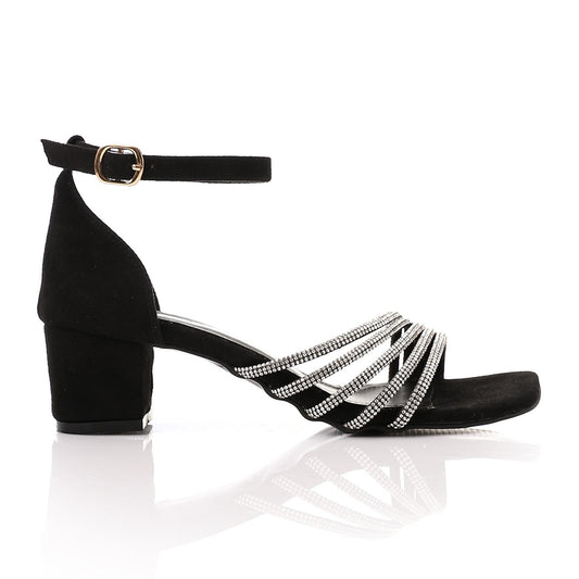 Faux Leather Rhinestone Sandal - Black