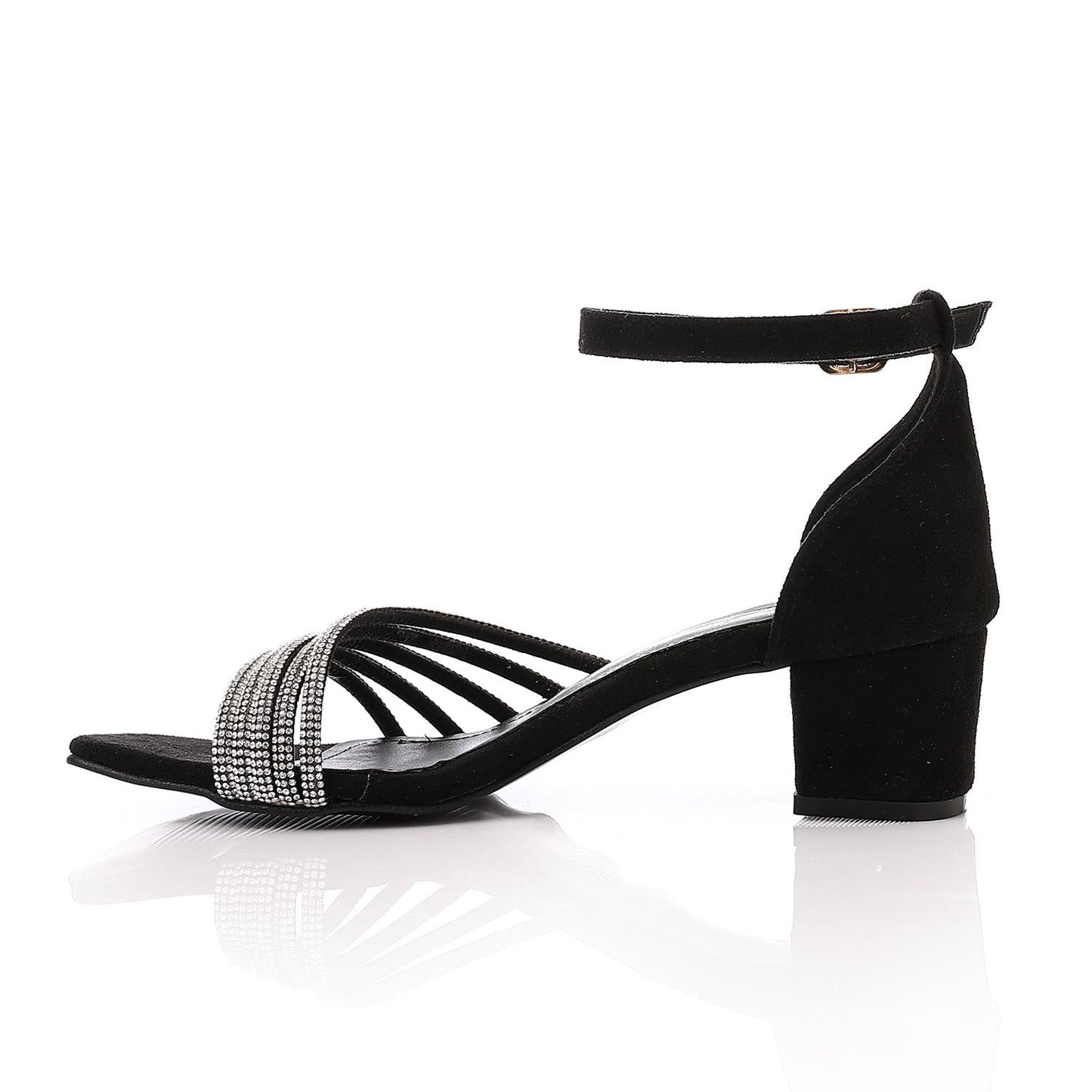 Faux Leather Rhinestone Sandal - Black