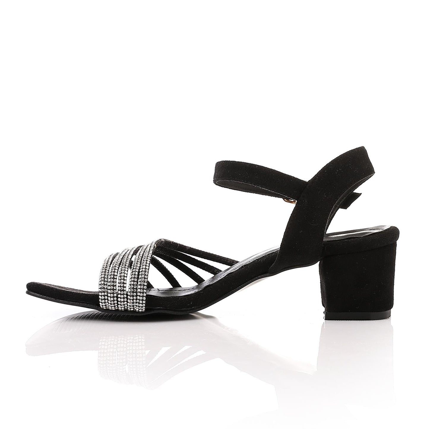 Faux Leather Rhinestone Sandal - Black
