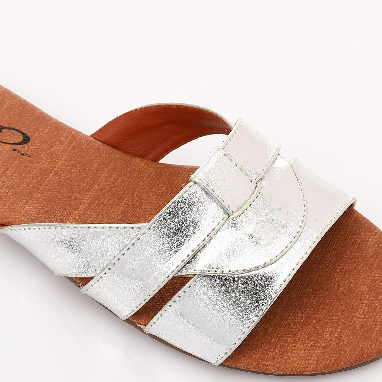 Faux Leather Metallic Criss-Cross Flat Slippers - Silver