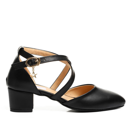 Faux Leather Criss-Cross Strap Block Heel Pump - Black