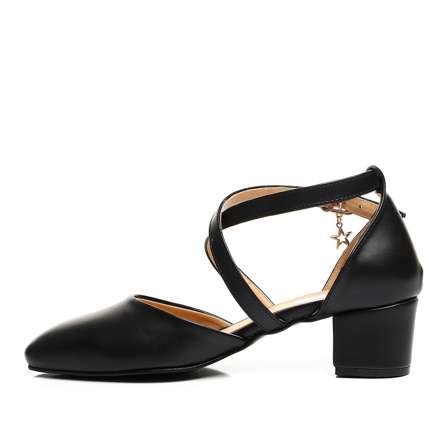 Faux Leather Criss-Cross Strap Block Heel Pump - Black