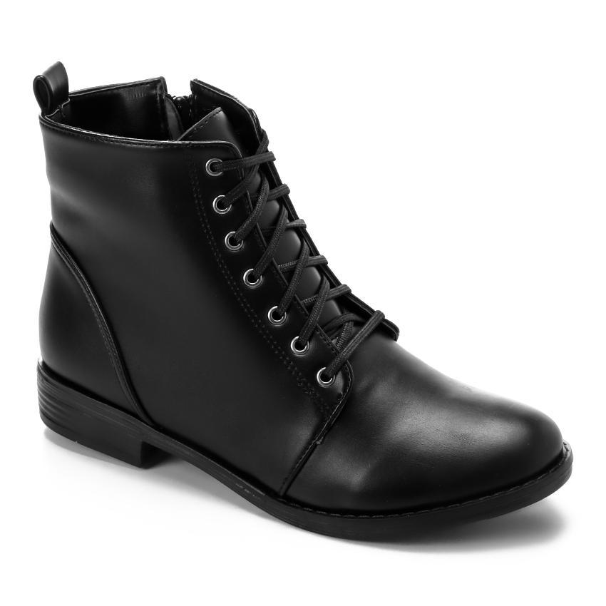 Faux Leather Solid Combat Boot - Black